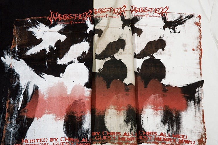 Oversized distressed tee with bold black raven graphic, red abstract accents, and gothic streetwear styling