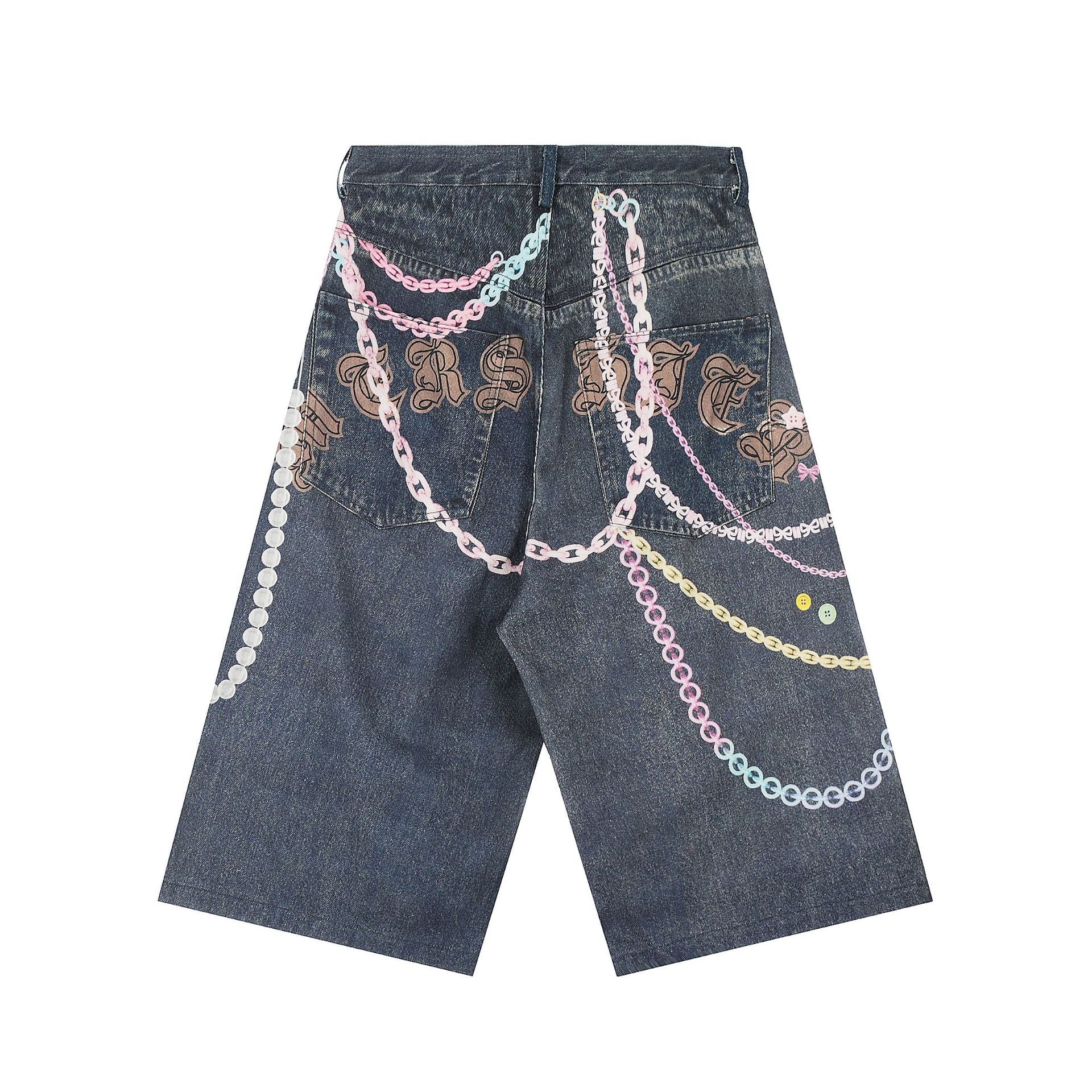 Omirad Chain Graffiti Wide-Leg Denim Shorts | Street Style