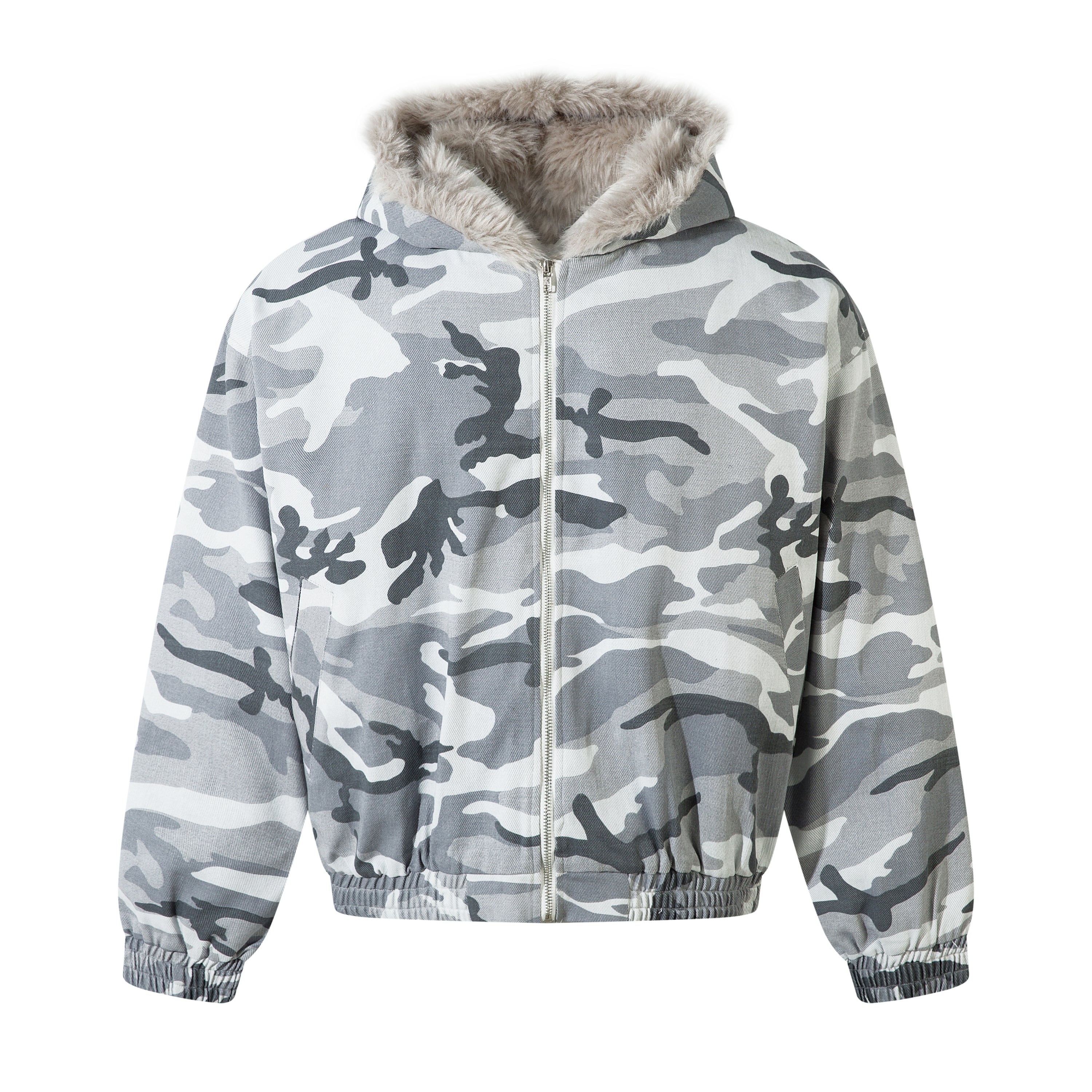 Front view of a grey arctic camo hooded bomber jacket with faux fur hood lining and full zip closure
