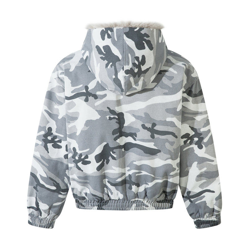 Grey Camo Faux Fur-Lined Hooded Bomber Jacket | SEAKOFF