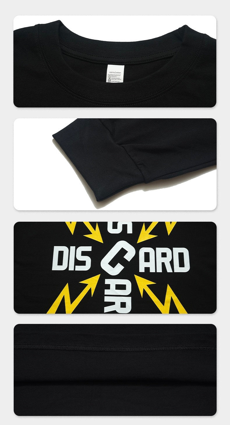 Black tee detail collage showing crew neck, cuff, front graphic, and hem stitching