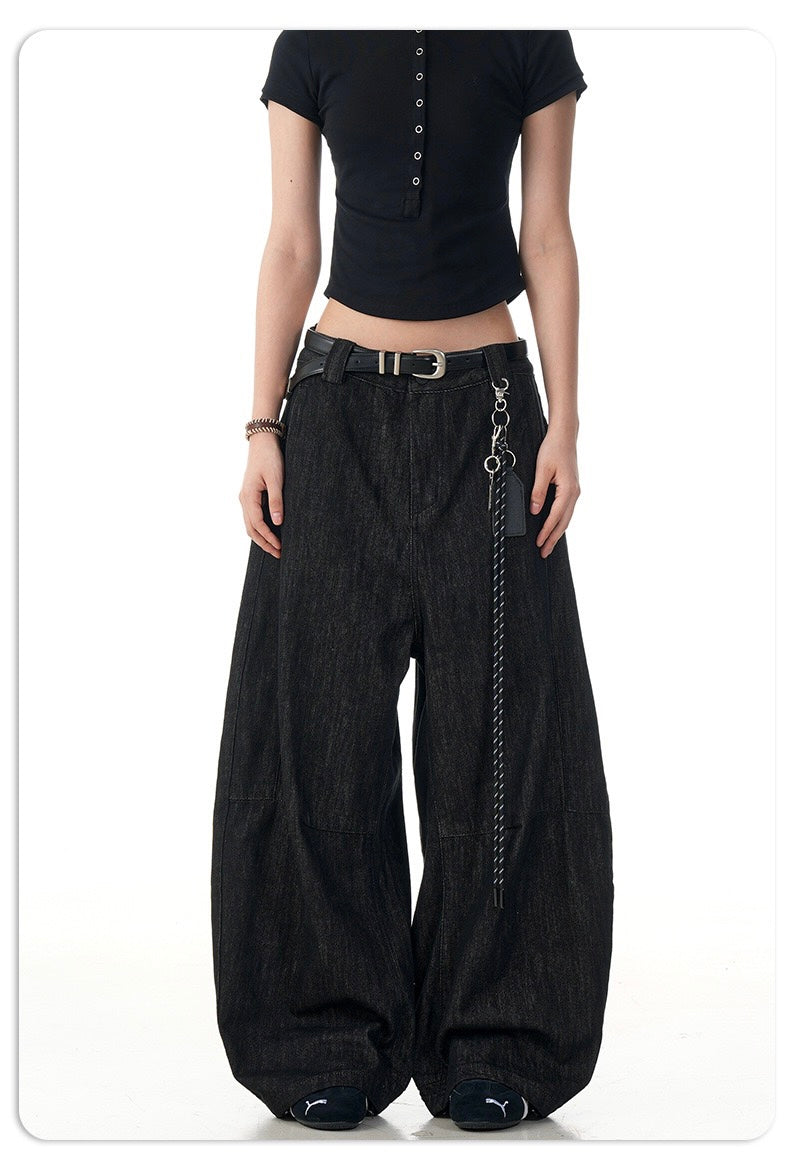 Wide Barrel Leg Black Denim Pants | Sculpted Streetwear Fit