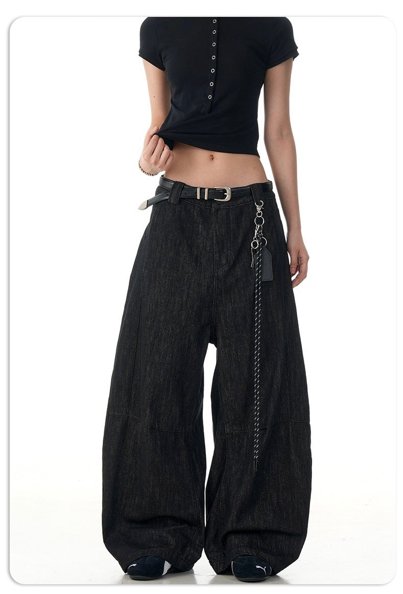 Wide Barrel Leg Black Denim Pants | Sculpted Streetwear Fit