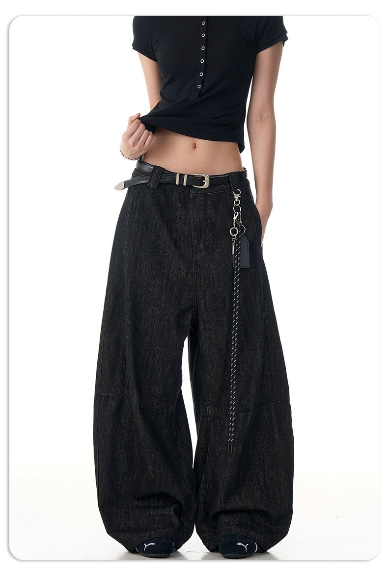 Wide Barrel Leg Black Denim Pants | Sculpted Streetwear Fit