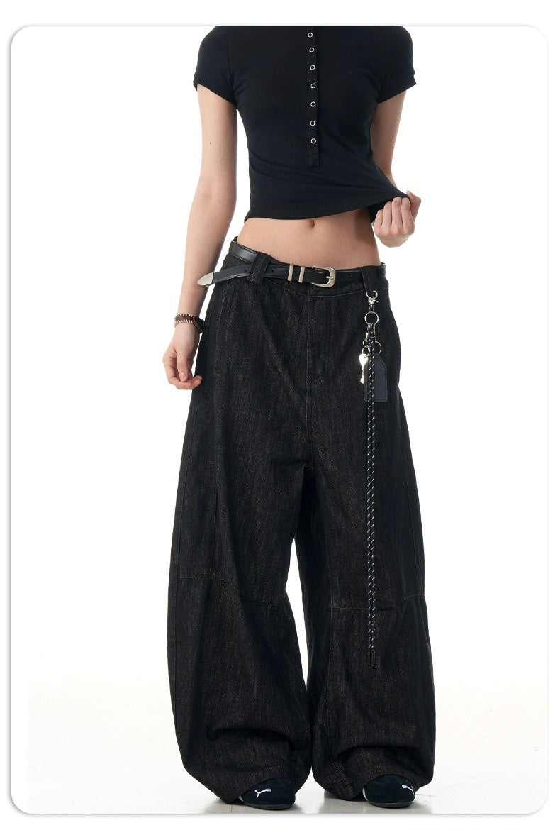 Wide Barrel Leg Black Denim Pants | Sculpted Streetwear Fit