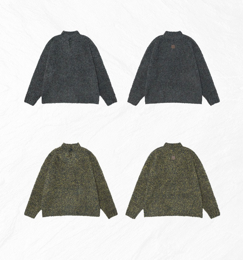 Four color views of the boucle half-zip sweater shown front and back on a white background