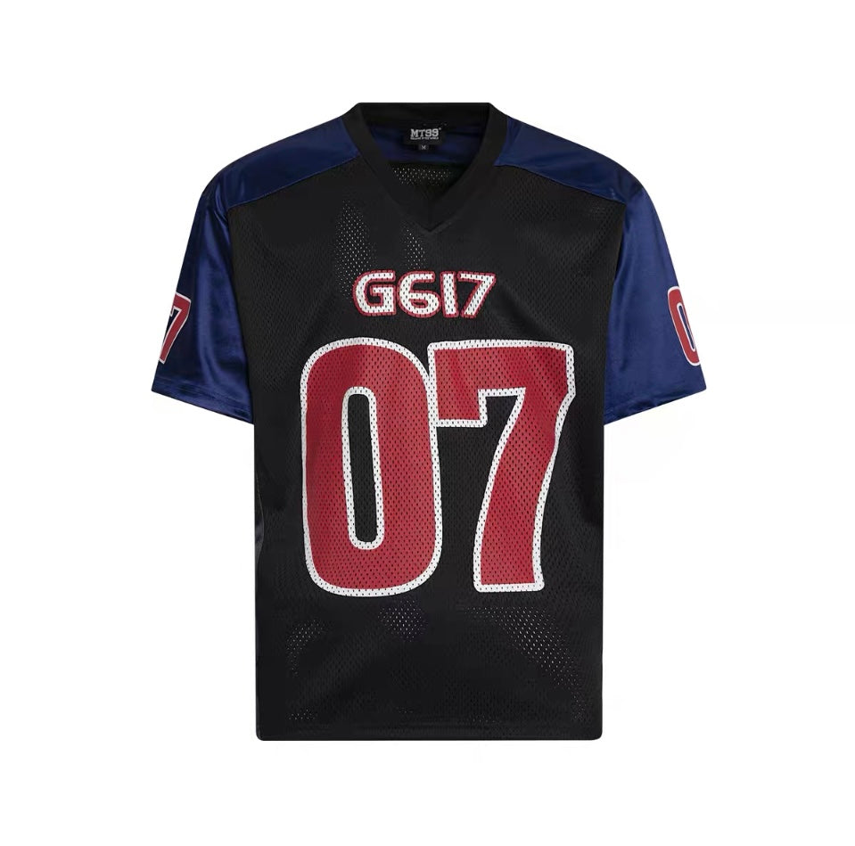 Black oversized mesh football jersey with G617 branding, red 07 front number, and navy satin shoulder panels