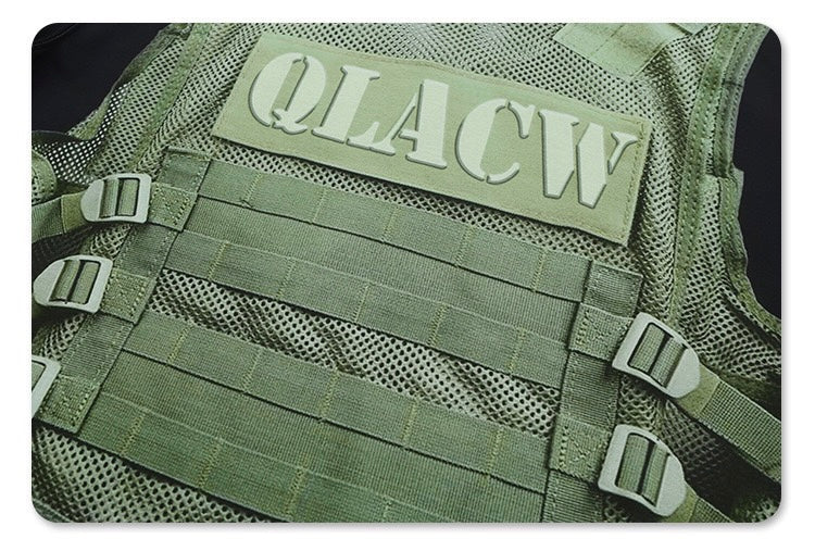 Olive green tactical vest graphic with mesh texture, MOLLE-style straps, and QLACW patch detail