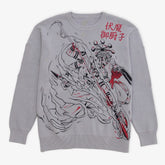 This gray Premium Jujutsu Kaisen-Inspired Knit Sweater features a dynamic jacquard design of Ryomen Sukuna with black and red lines, depicting a warrior holding a staff. Part of our anime streetwear collection, it includes striking red characters in the top right area.