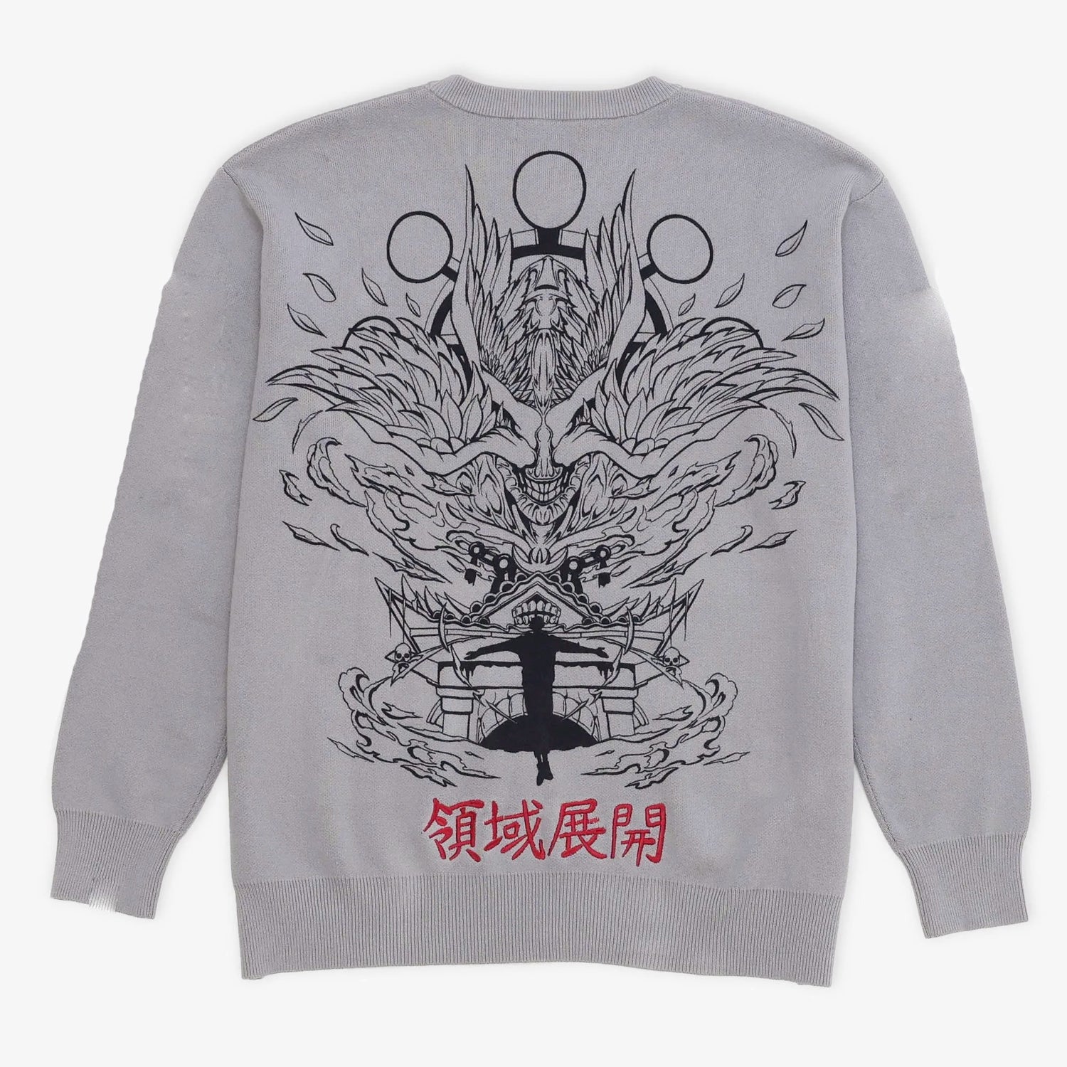 The Premium Jujutsu Kaisen-Inspired Knit Sweater with a gray long-sleeve style features a Ryomen Sukuna Domain Expansion jacquard design on the back, including circular motifs, a winged figure, abstract shapes, and red Japanese characters—perfect for anime streetwear lovers.