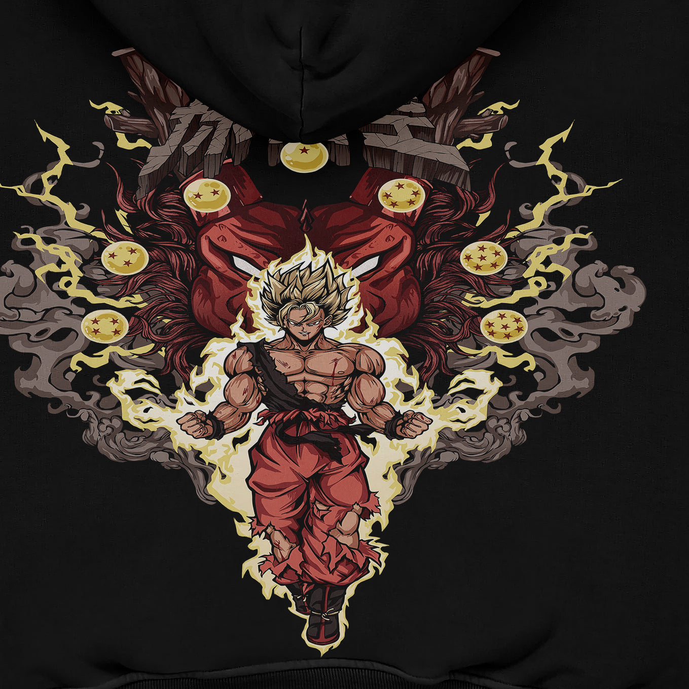 The Seakoff Dragon Ball Super Saiyan Goku Graphic Hoodie features an anime character with spiky yellow hair and a muscular build wearing a red and black outfit, surrounded by mythical creatures and glowing orbs with stars. The design is printed on high-quality 360 GSM cotton fabric.