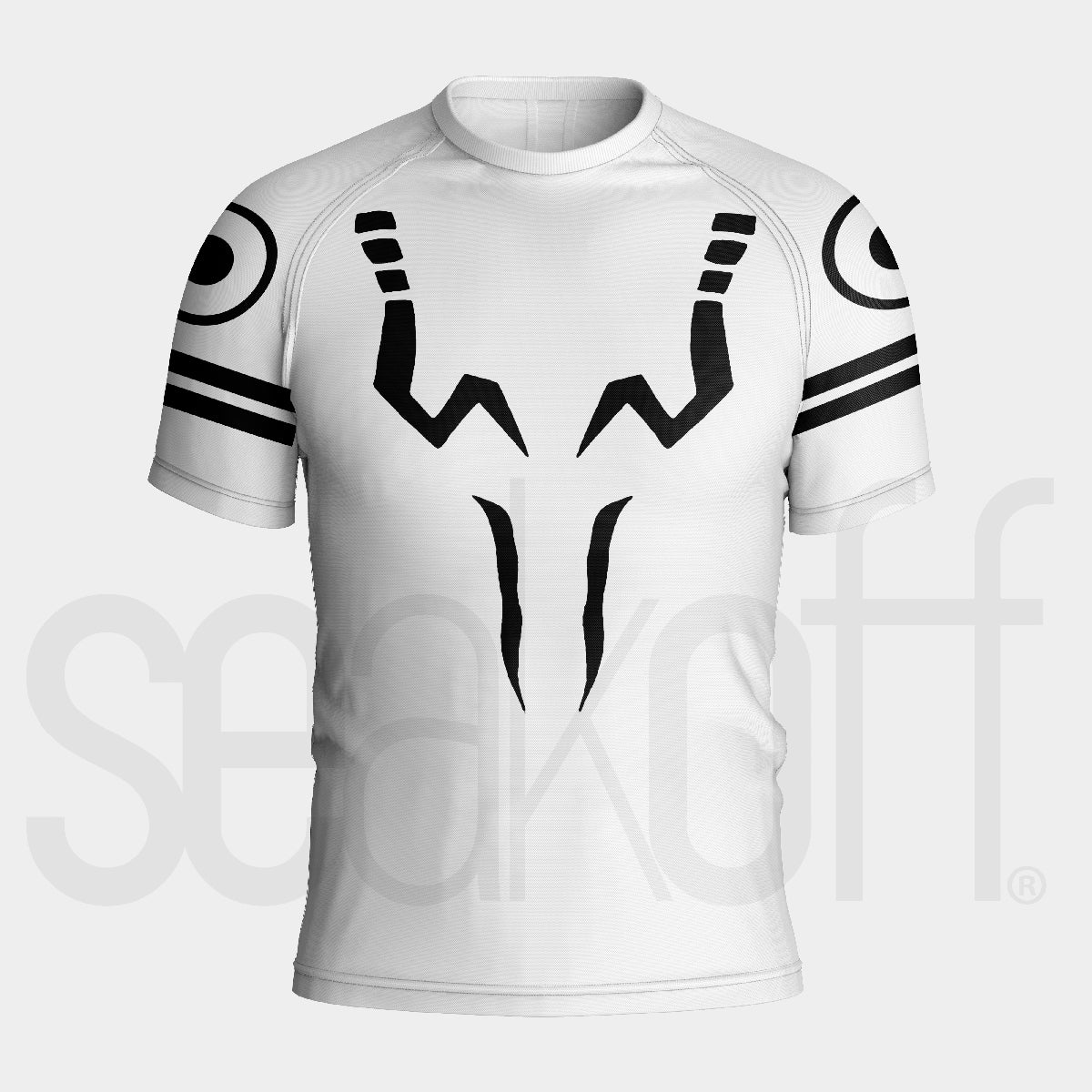 The Sukuna Anime Compression Gym Shirt by Jujutsu Kaisen is a white, short-sleeve athletic top featuring an abstract black design inspired by anime. Made with premium moisture-wicking fabric, it ensures comfort and style during workouts.