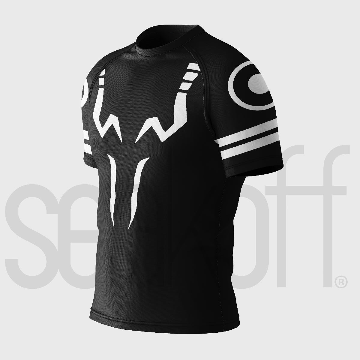 Against a plain background, the Jujutsu Kaisen Sukuna Anime Compression Gym Shirt is showcased; a black, short-sleeve rash guard with a white Sukuna-inspired anime graphic on the chest and sleeves, offering premium moisture-wicking athletic wear.