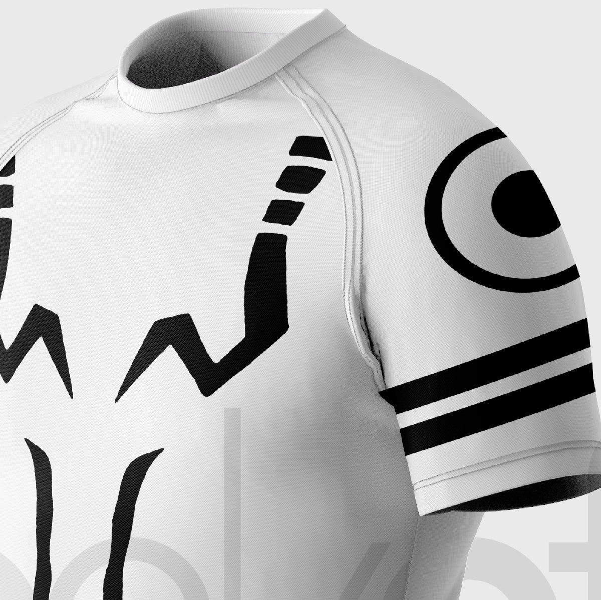 Close-up of the Sukuna Anime Compression Gym Shirt by Jujutsu Kaisen, a white moisture-wicking quick-dry shirt with black geometric designs including thick lines and circular patterns on the sleeves. The fabric appears smooth with visible shoulder and hem seams.