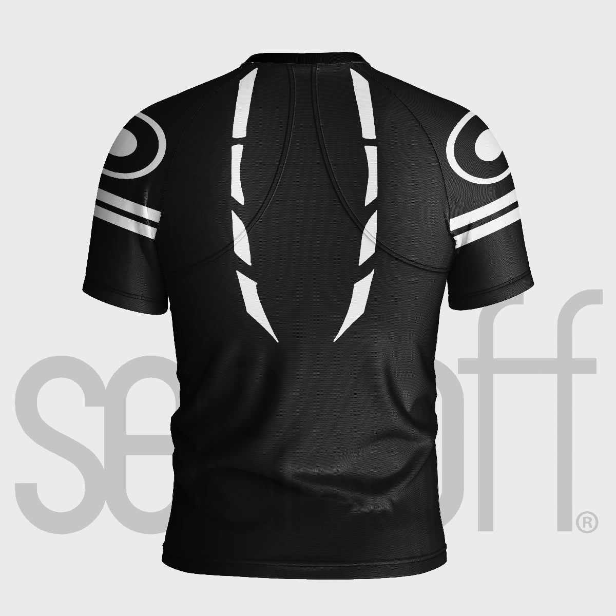 The Jujutsu Kaisen Sukuna Anime Compression Gym Shirt is a black short-sleeved, moisture-wicking athletic wear with white geometric patterns on the back and circular shoulder designs, ensuring optimal performance during workouts.