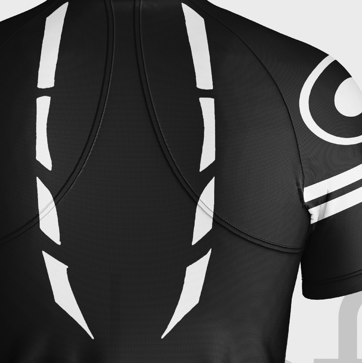 Close-up of the Sukuna Anime Compression Gym Shirt by Jujutsu Kaisen. Featuring white geometric patterns and curved lines on black quick-dry, moisture-wicking fabric, this gym shirt offers an anime-inspired aesthetic ideal for high-performance wear.