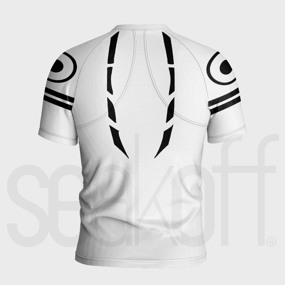 The back view of the Sukuna Anime Compression Gym Shirt by Jujutsu Kaisen displays black abstract line and circle designs on white sleeves and back. It features moisture-wicking, quick-dry technology, against a light gray background with &quot;seekoff&quot; subtly visible.