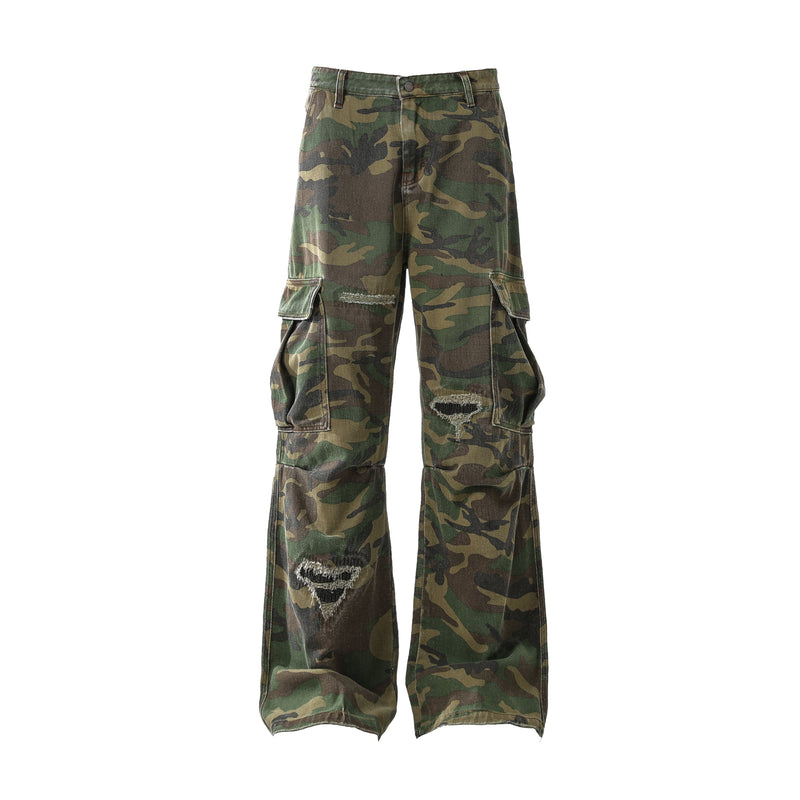 Omirad Distressed Camo Cargo Pants | Wide-Leg Military Streetwear