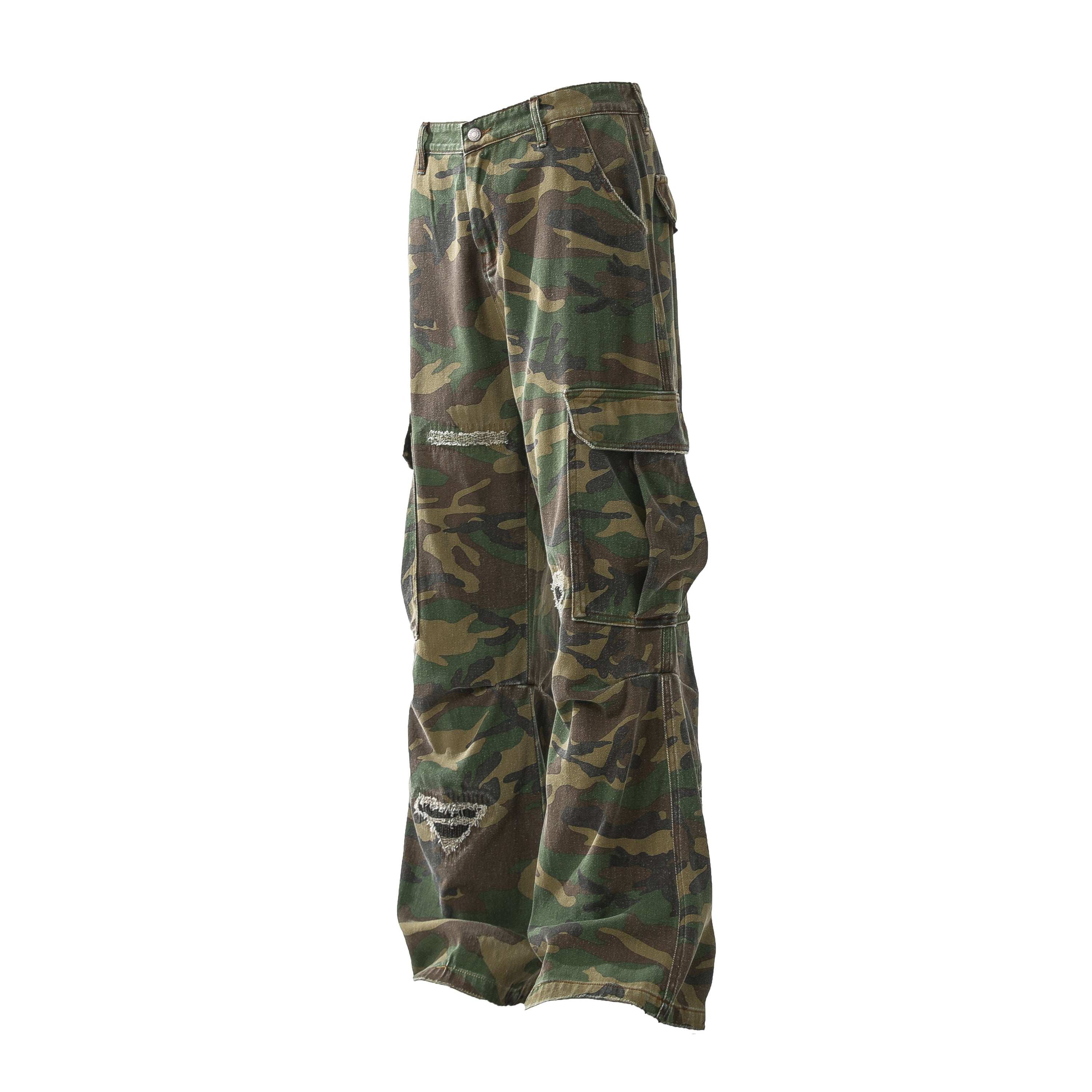 Omirad Distressed Camo Cargo Pants | Wide-Leg Military Streetwear