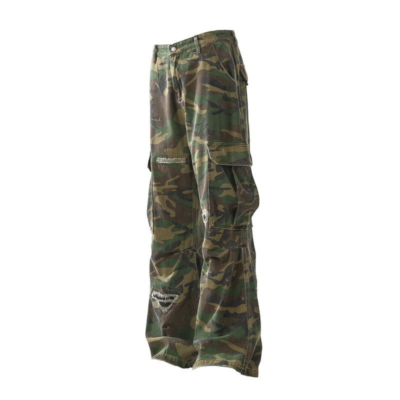 Omirad Distressed Camo Cargo Pants | Wide-Leg Military Streetwear