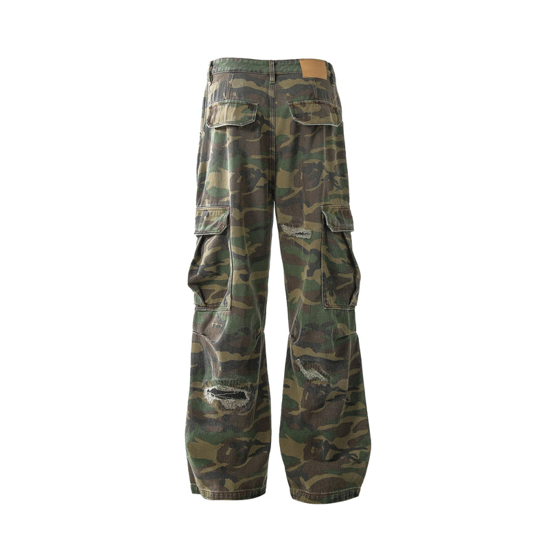 Omirad Distressed Camo Cargo Pants | Wide-Leg Military Streetwear