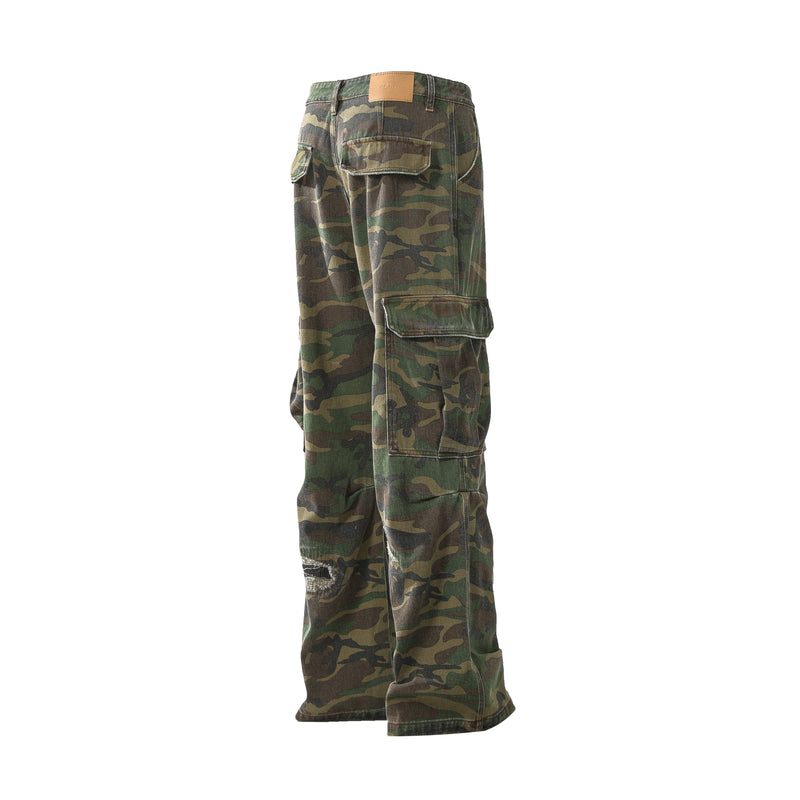 Omirad Distressed Camo Cargo Pants | Wide-Leg Military Streetwear