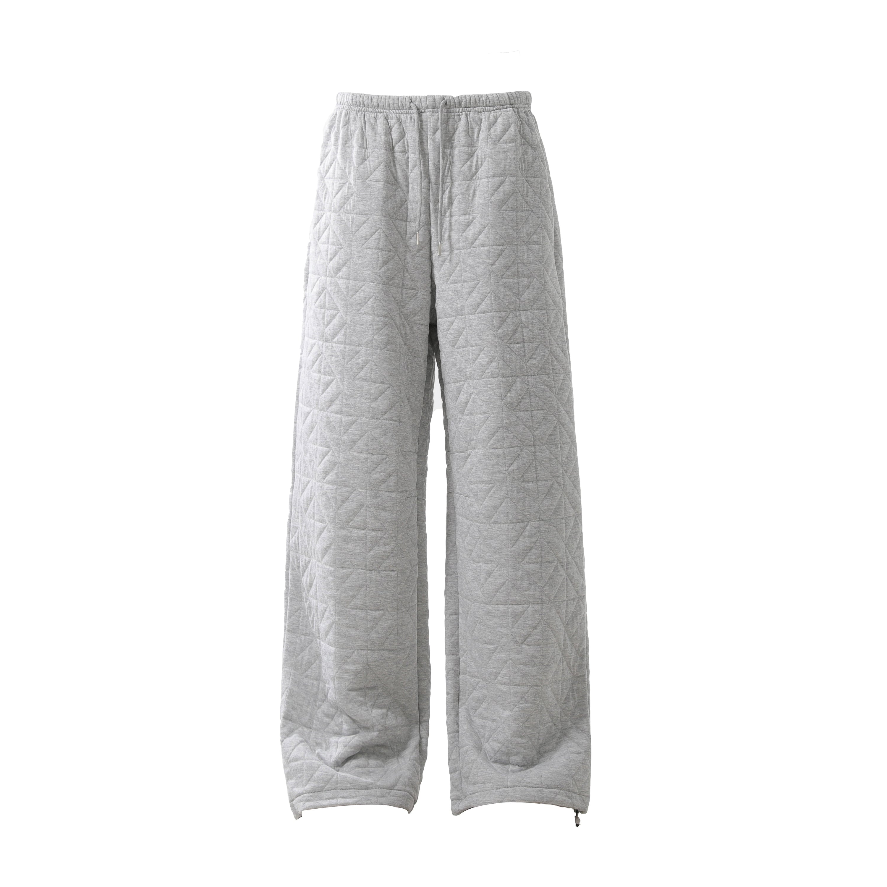 Heather grey quilted wide-leg thermal sweatpants with geometric stitching, elastic drawstring waist, and zipper hem details