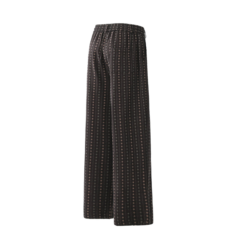 Vintage Micro-Floral Stripe Wide-Leg Cotton Pants