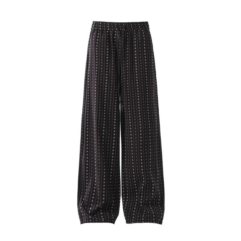 Vintage Micro-Floral Stripe Wide-Leg Cotton Pants