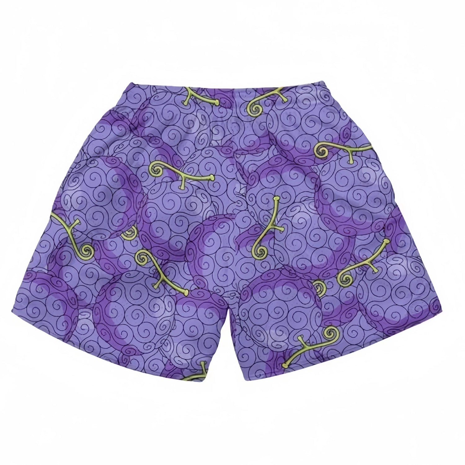 The Seakoff One Piece-Inspired Shorts showcase a Devil Fruit swirl in yellow-green on a light purple fabric. Anime enthusiasts will appreciate the elastic waistband, all presented flat against a white backdrop.