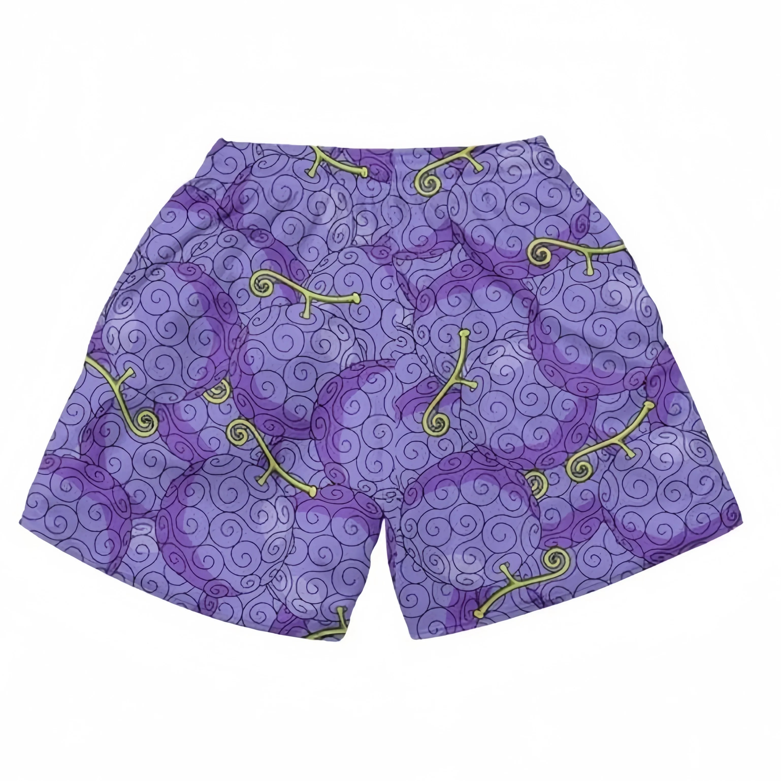 The Seakoff One Piece-Inspired Shorts showcase a Devil Fruit swirl in yellow-green on a light purple fabric. Anime enthusiasts will appreciate the elastic waistband, all presented flat against a white backdrop.