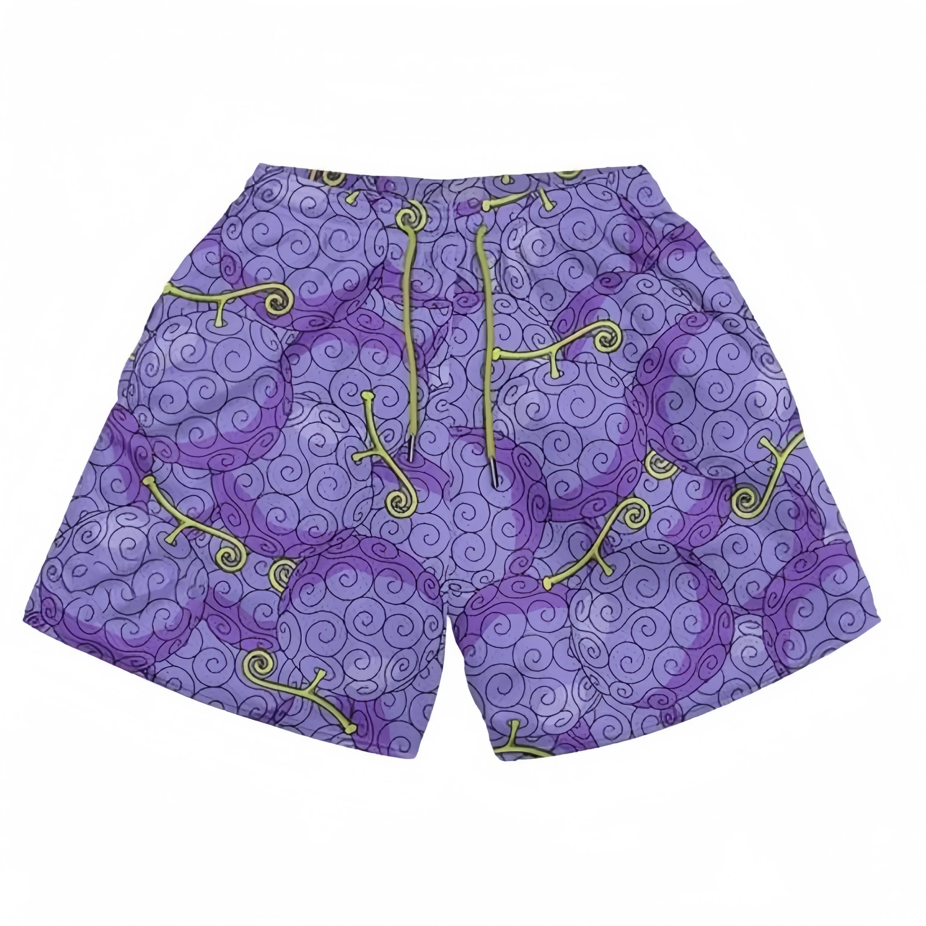 The Seakoff One Piece-Inspired Shorts showcase a vibrant Devil Fruit pattern with purple swirls and green accents. Featuring concentric circles, abstract shapes, and a drawstring waist, these casual shorts are perfect for anime fans.