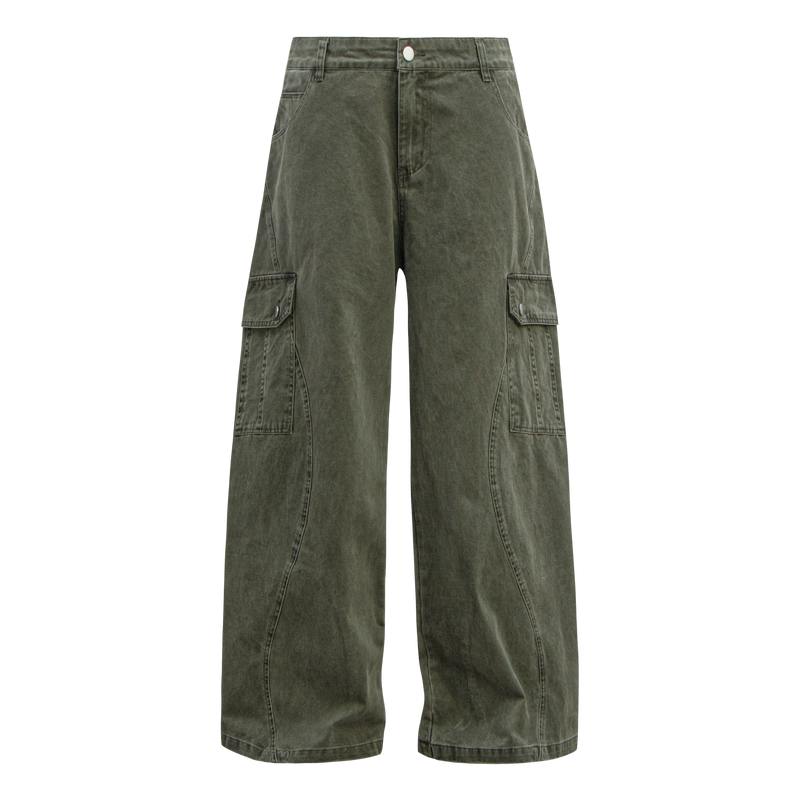 Omirad Curved Cargo Wide-Leg Denim Pants | 100% Cotton