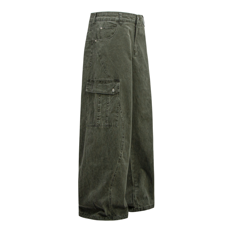 Omirad Curved Cargo Wide-Leg Denim Pants | 100% Cotton