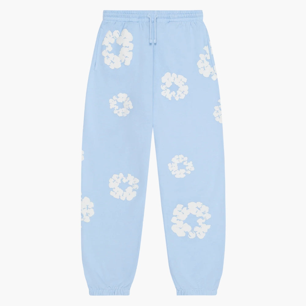 Light Blue “Cotton Wreath” Denim Tears Sweatpants – White Floral Print Streetwear Pants