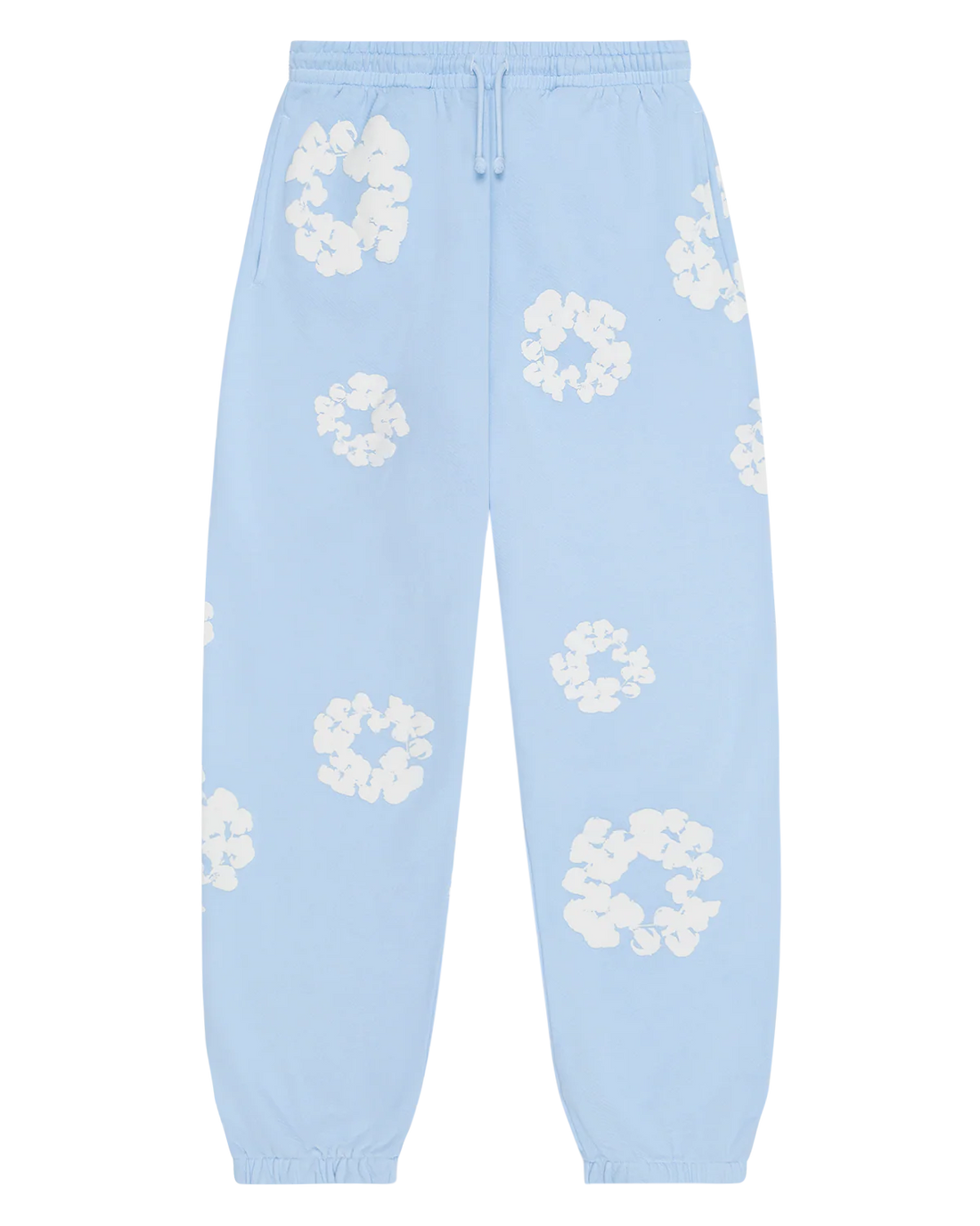 Light Blue “Cotton Wreath” Denim Tears Sweatpants – White Floral Print Streetwear Pants