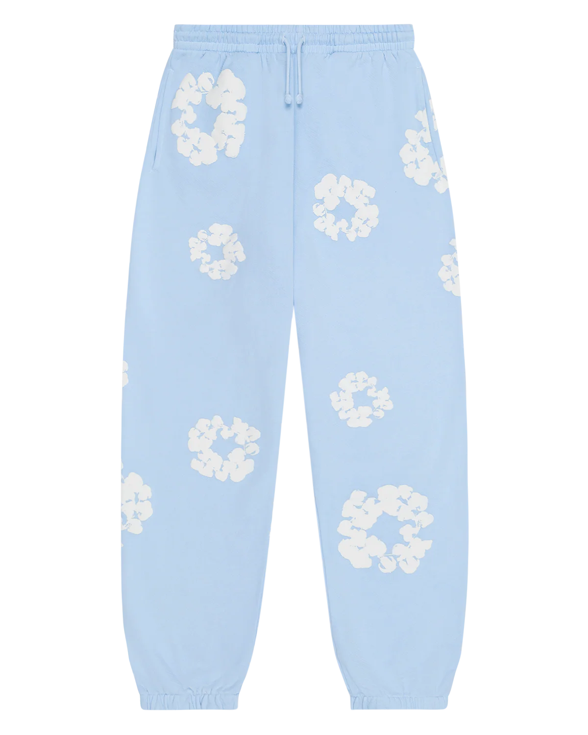 Light Blue “Cotton Wreath” Denim Tears Sweatpants – White Floral Print Streetwear Pants