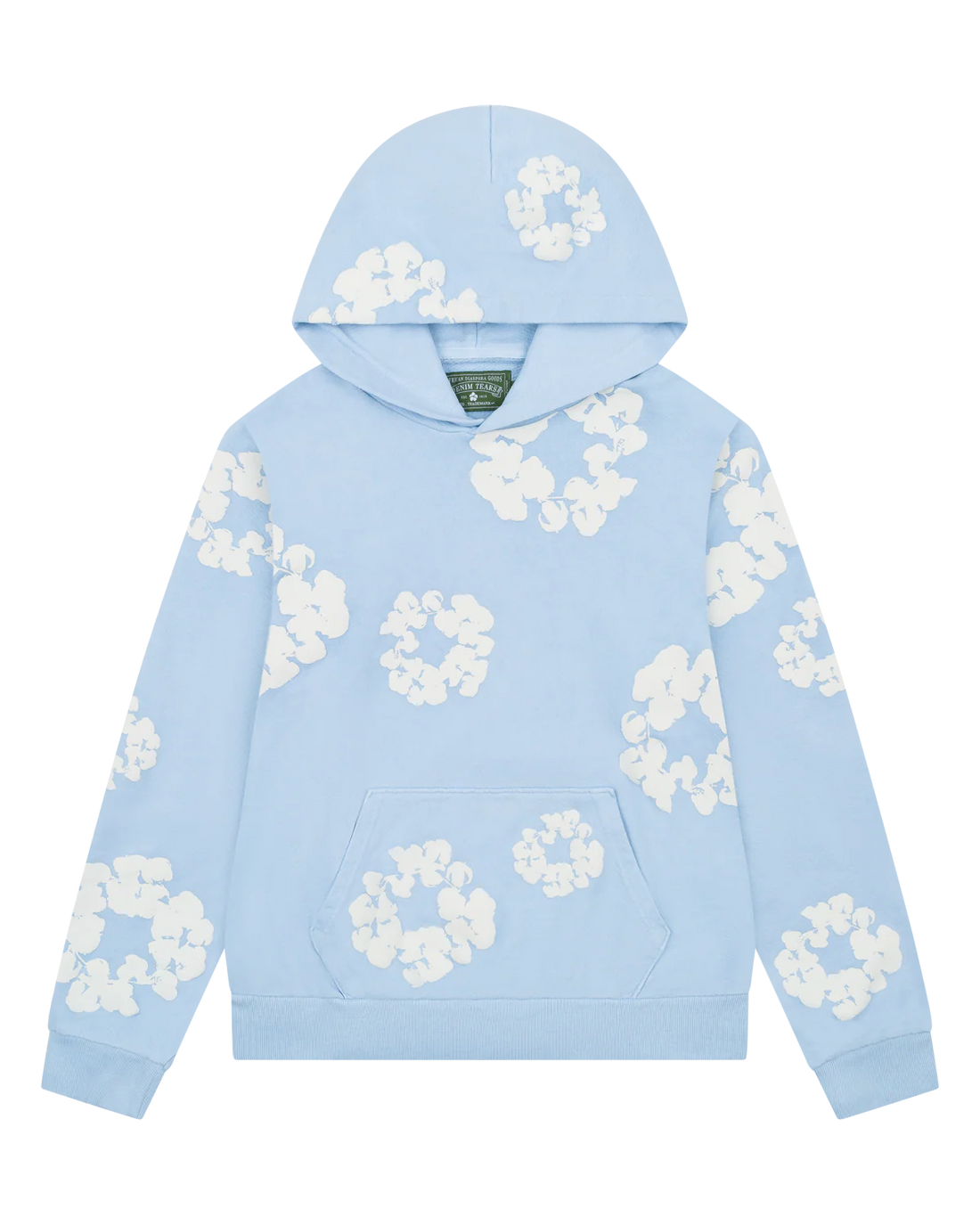 Light Blue “Cotton Wreath” Denim Tears Hoodie – White Floral Print Streetwear Pullover