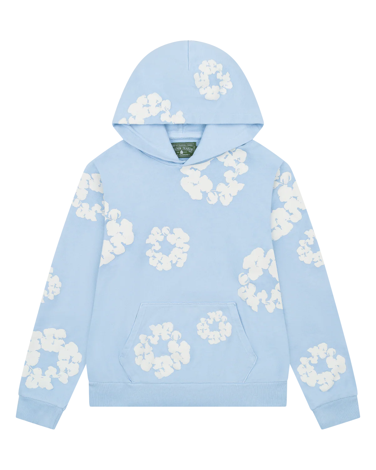 Light Blue “Cotton Wreath” Denim Tears Hoodie – White Floral Print Streetwear Pullover