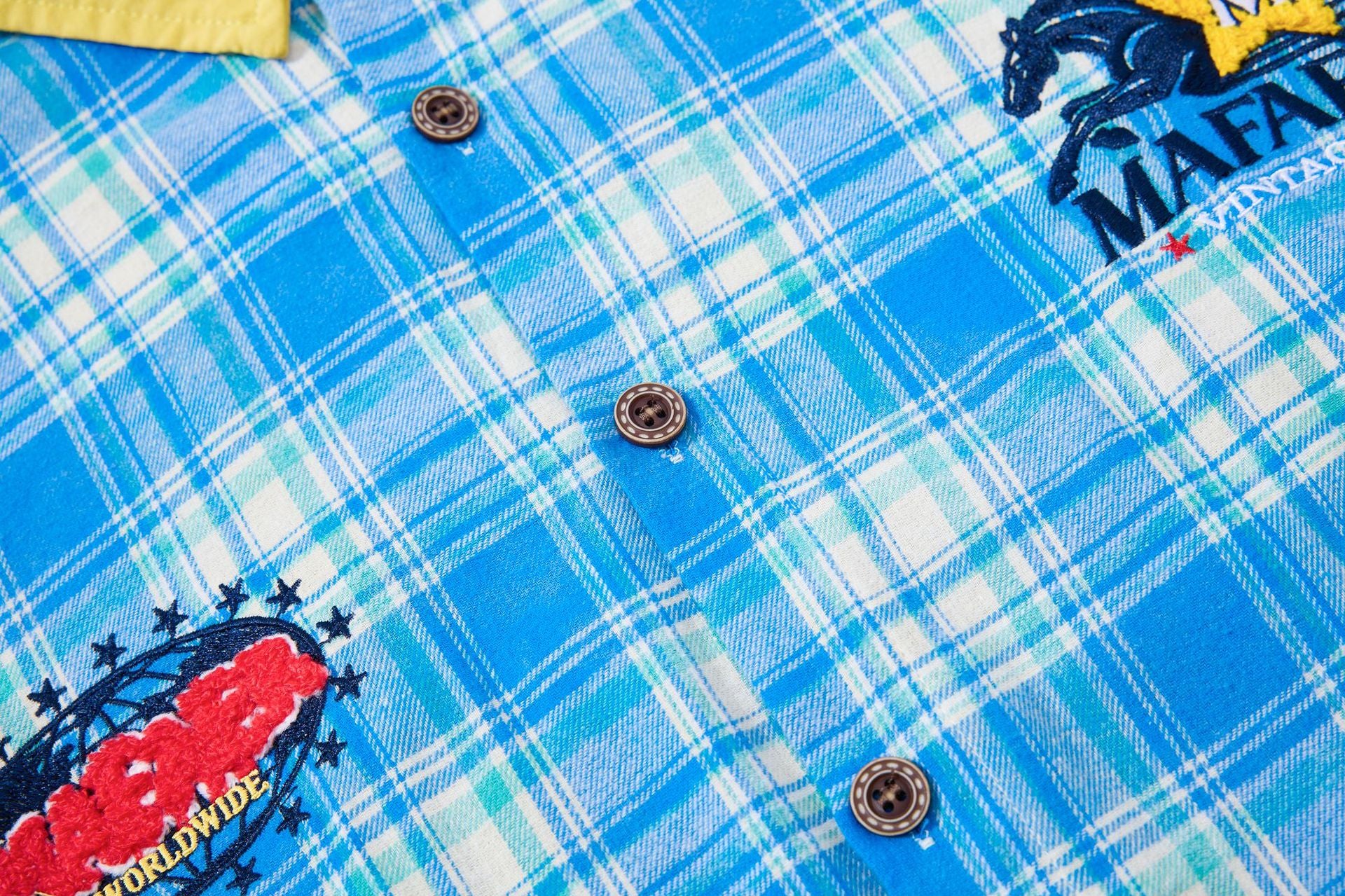 Plaid Flannel Shirt Jacket with Vintage Cartoon Embroidery – Washed Oversized