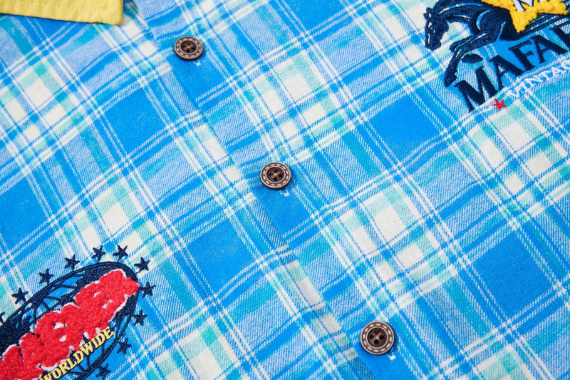 Plaid Flannel Shirt Jacket with Vintage Cartoon Embroidery – Washed Oversized