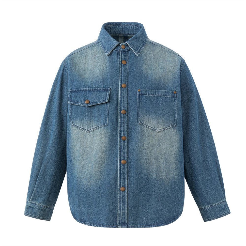 Men's oversized stonewashed blue denim shirt with snap buttons and dual chest pockets, front and back view