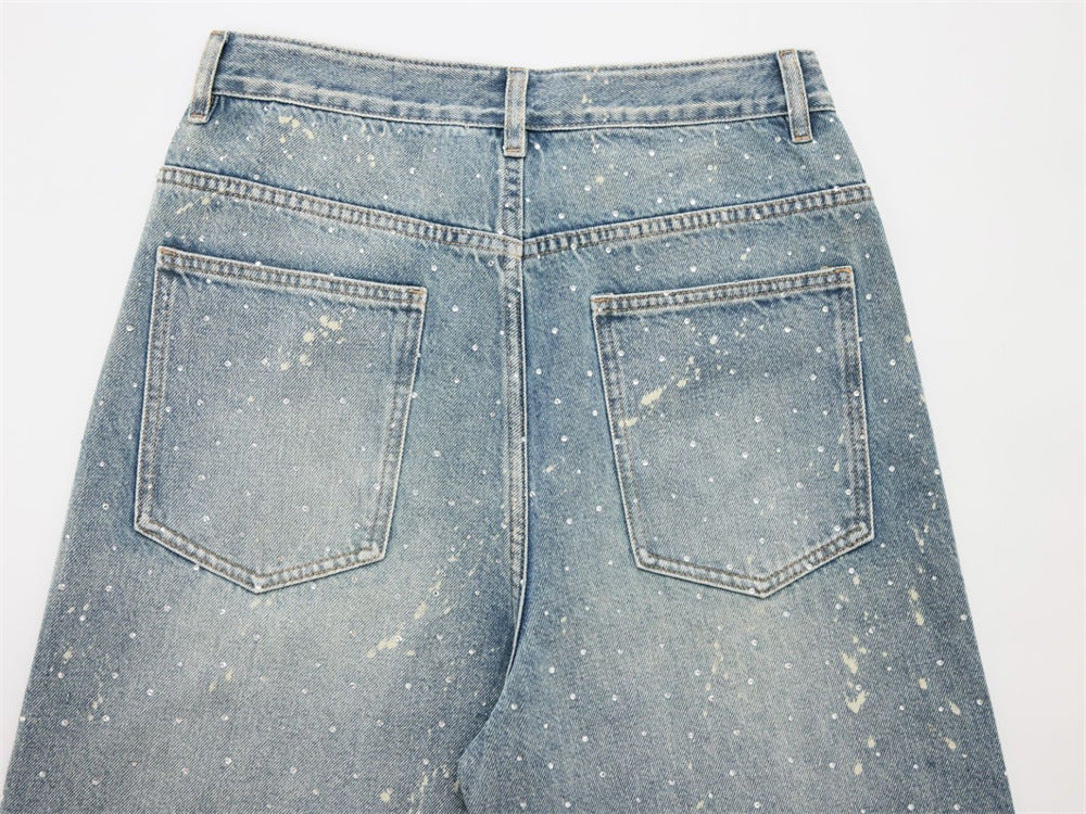 Wide-Leg Paint Splatter Jeans – Men's High-Street Light Blue Washed Denim