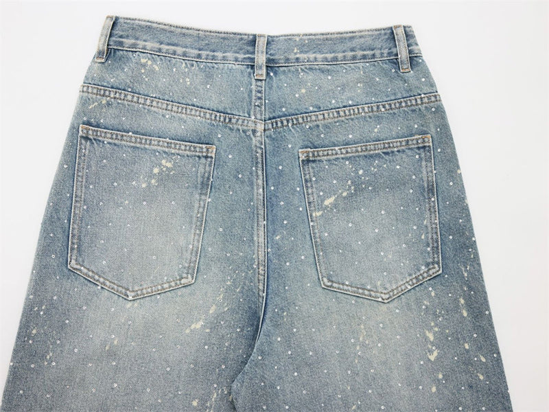 Wide-Leg Paint Splatter Jeans – Men's High-Street Light Blue Washed Denim