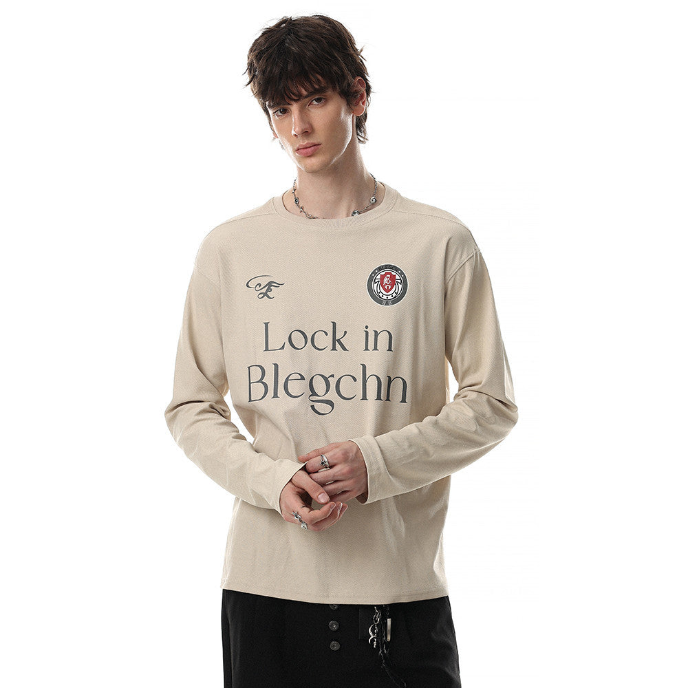 Oversized long sleeve crew neck shirt with football jersey graphic print in sand beige, front and back views