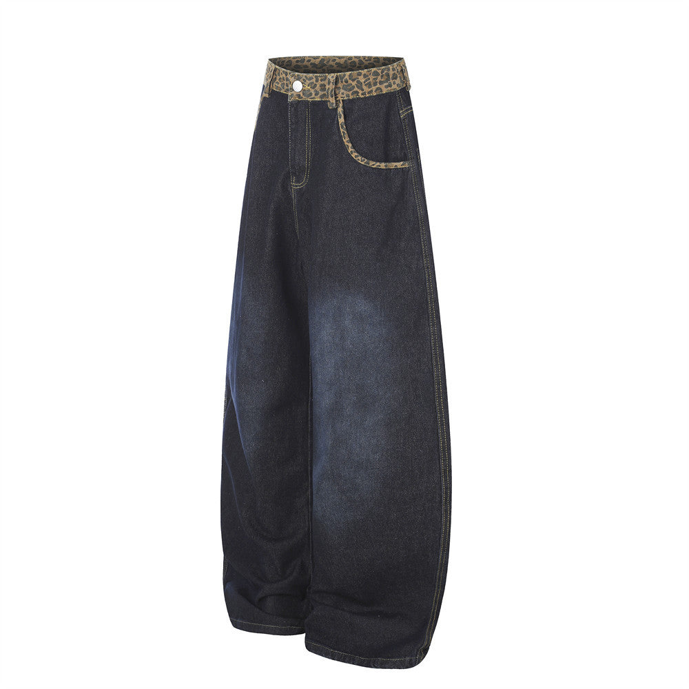 Vaqueros de Pierna Ancha para Hombre – Cintura de Leopardo, Corte Barrel Holgado y Denim Lavado