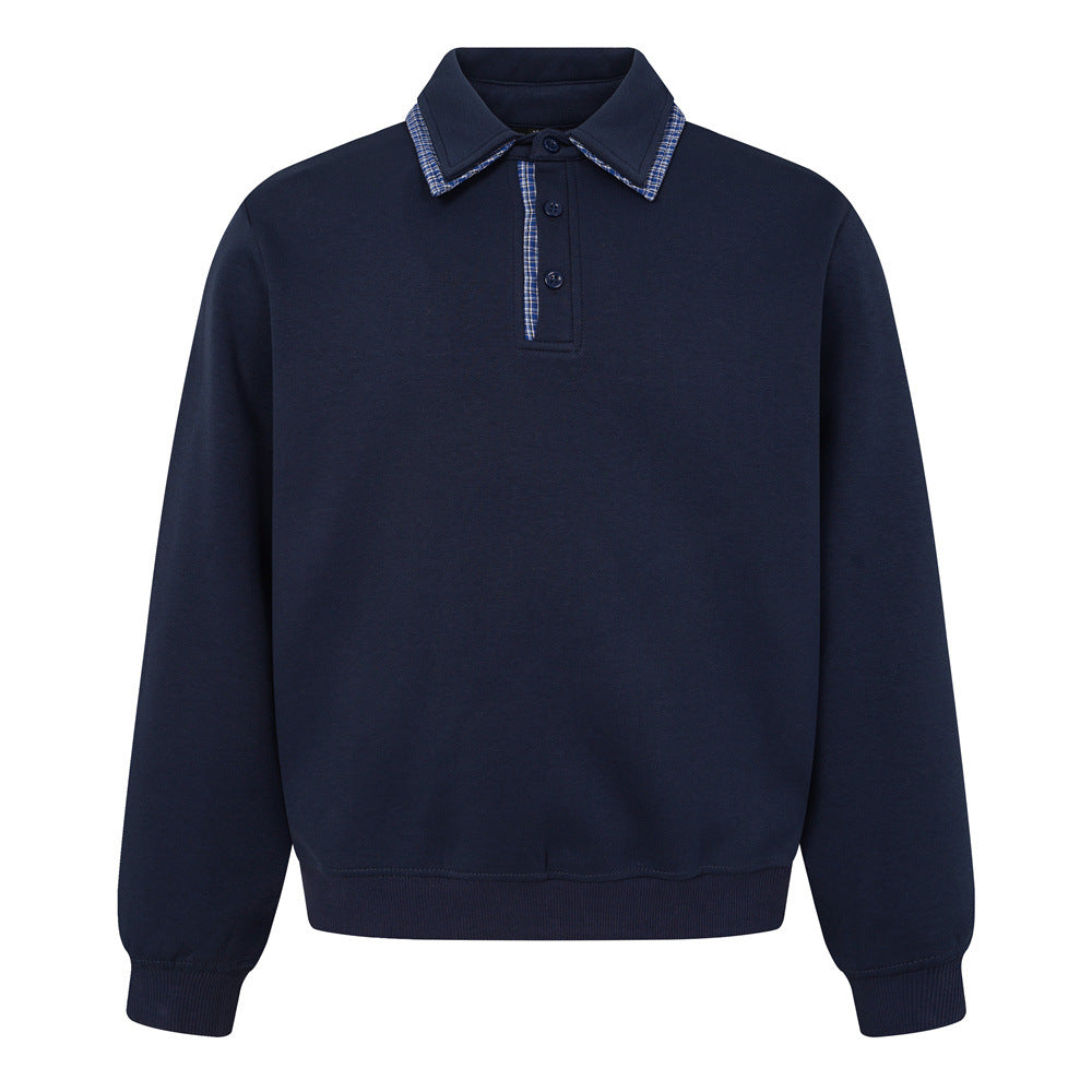 Sweat-shirt homme à col polo et bordure à carreaux | Coupe décontractée, manches longues