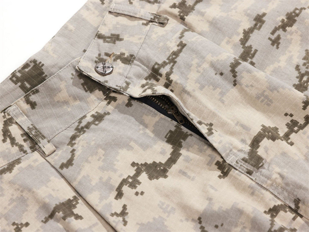 Close-up of partially open cargo pocket flap on desert camo pants