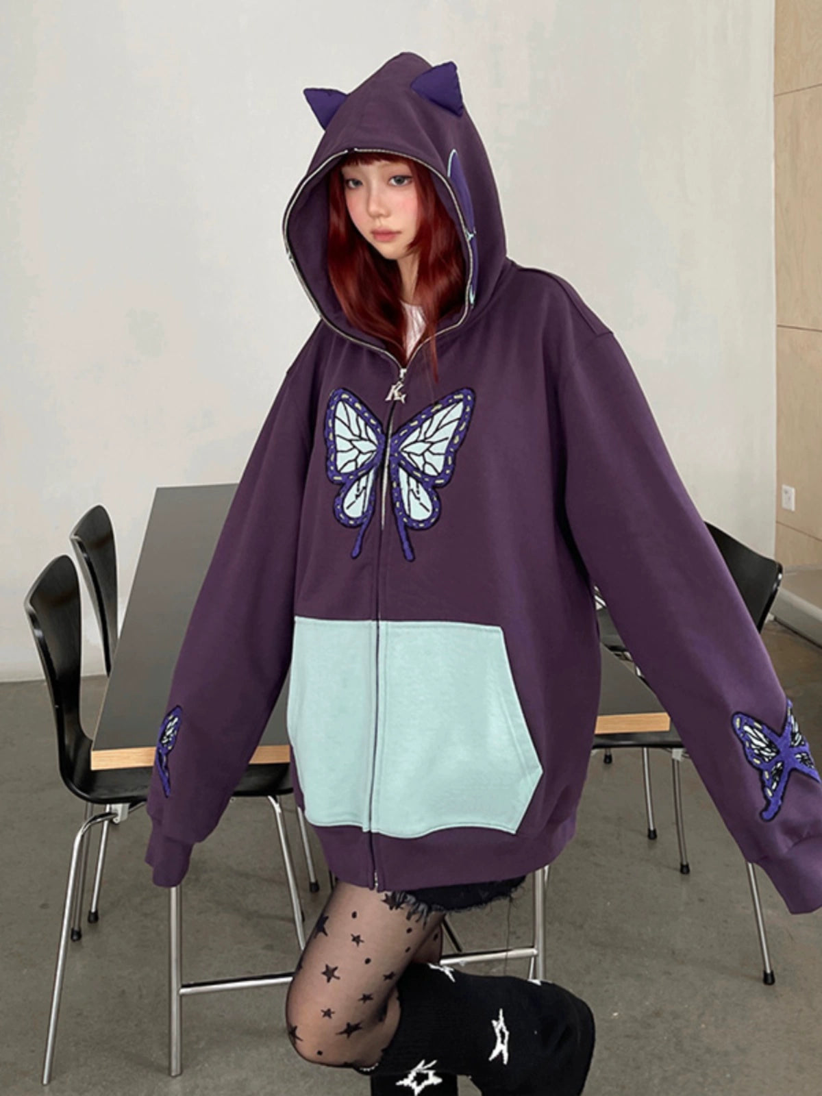 Butterfly Hoodie - 400GSM Oversized Purple and Mint Green Zip-Up Sweatshirt with Ear Design