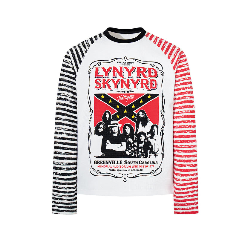 White long-sleeve raglan shirt with Lynyrd Skynyrd 1977 Greenville concert graphic on chest and mismatched red and black stri